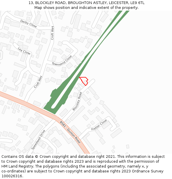 13, BLOCKLEY ROAD, BROUGHTON ASTLEY, LEICESTER, LE9 6TL: Location map and indicative extent of plot