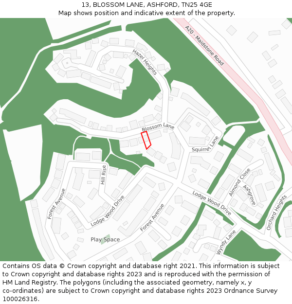 13, BLOSSOM LANE, ASHFORD, TN25 4GE: Location map and indicative extent of plot