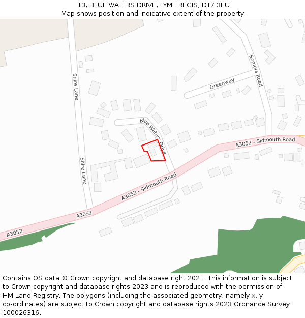 13, BLUE WATERS DRIVE, LYME REGIS, DT7 3EU: Location map and indicative extent of plot