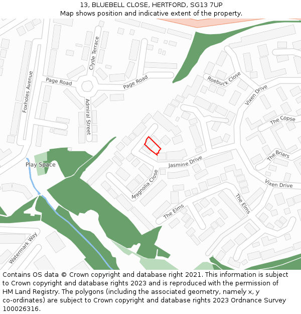 13, BLUEBELL CLOSE, HERTFORD, SG13 7UP: Location map and indicative extent of plot