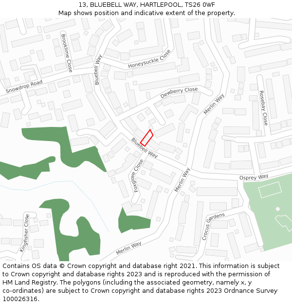 13, BLUEBELL WAY, HARTLEPOOL, TS26 0WF: Location map and indicative extent of plot