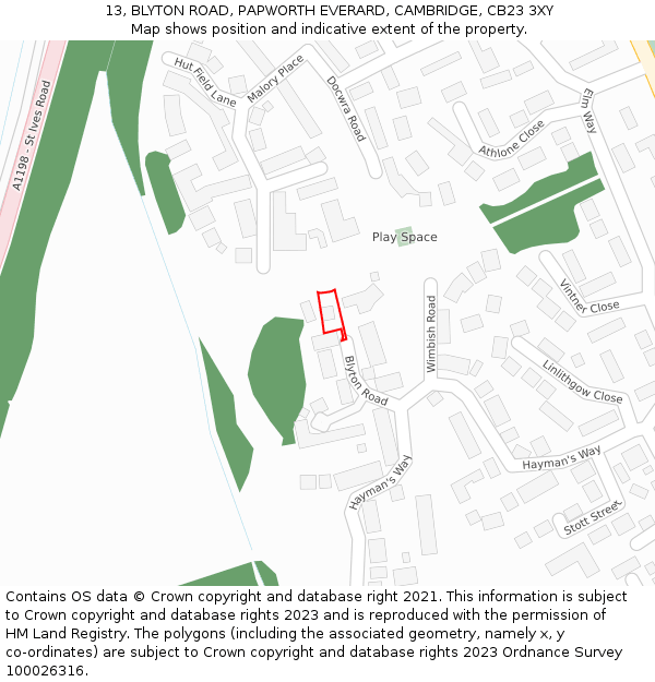 13, BLYTON ROAD, PAPWORTH EVERARD, CAMBRIDGE, CB23 3XY: Location map and indicative extent of plot