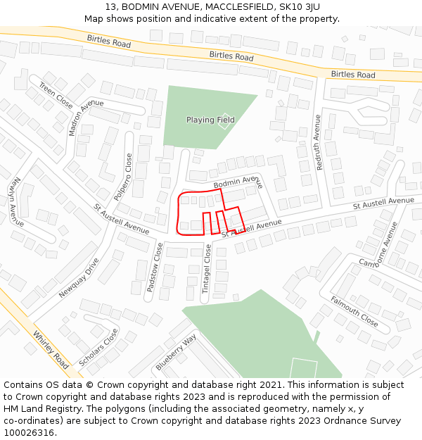 13, BODMIN AVENUE, MACCLESFIELD, SK10 3JU: Location map and indicative extent of plot