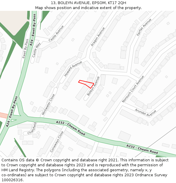 13, BOLEYN AVENUE, EPSOM, KT17 2QH: Location map and indicative extent of plot