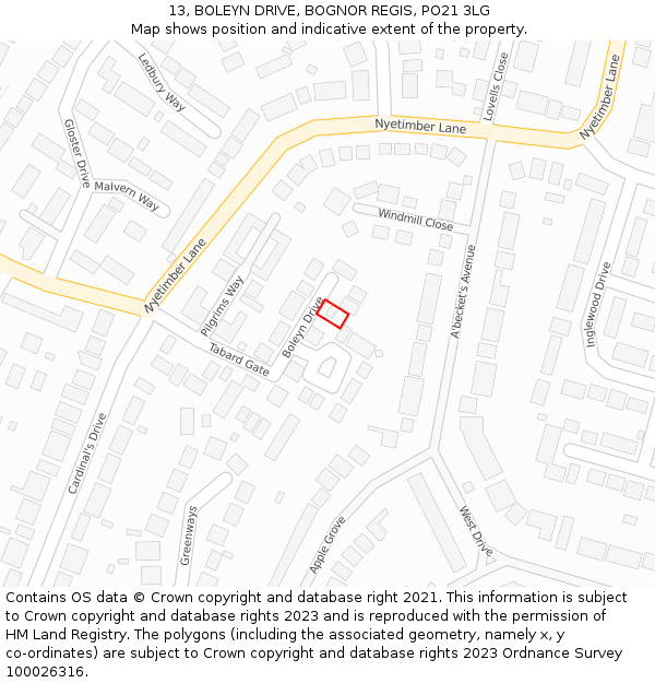 13, BOLEYN DRIVE, BOGNOR REGIS, PO21 3LG: Location map and indicative extent of plot