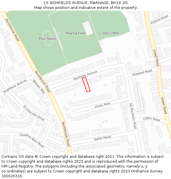 13, BONFIELDS AVENUE, SWANAGE, BH19 1PL: Location map and indicative extent of plot