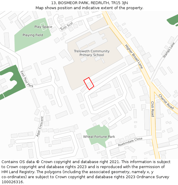 13, BOSMEOR PARK, REDRUTH, TR15 3JN: Location map and indicative extent of plot