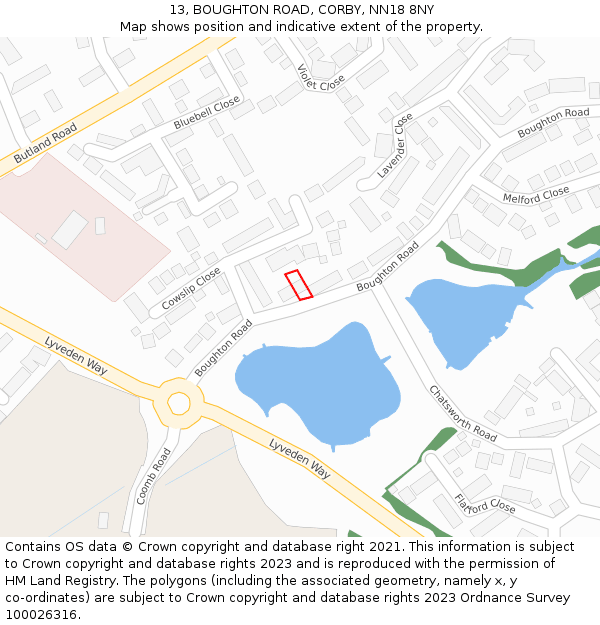 13, BOUGHTON ROAD, CORBY, NN18 8NY: Location map and indicative extent of plot