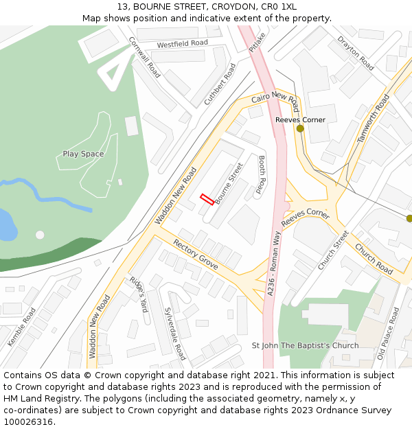 13, BOURNE STREET, CROYDON, CR0 1XL: Location map and indicative extent of plot