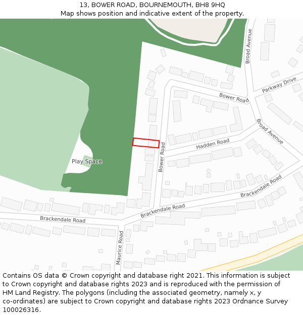 13, BOWER ROAD, BOURNEMOUTH, BH8 9HQ: Location map and indicative extent of plot
