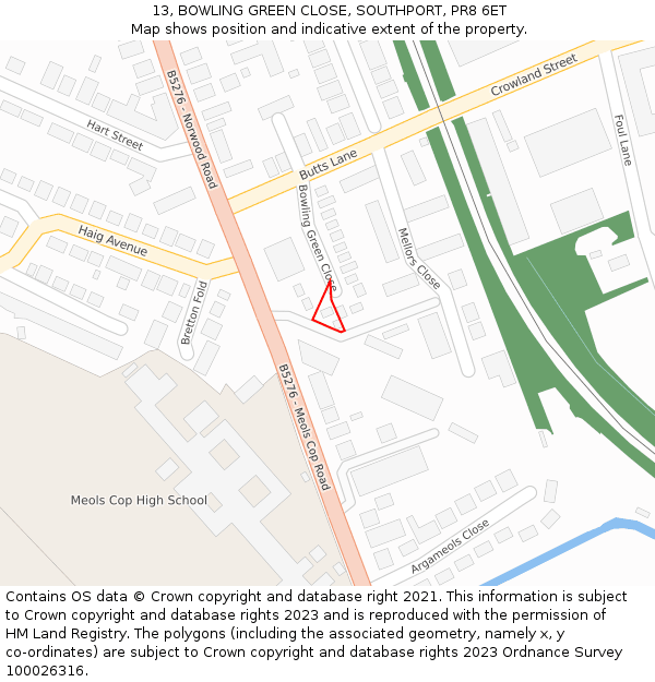 13, BOWLING GREEN CLOSE, SOUTHPORT, PR8 6ET: Location map and indicative extent of plot