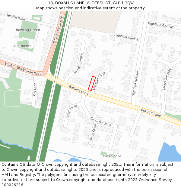 13, BOXALLS LANE, ALDERSHOT, GU11 3QW: Location map and indicative extent of plot