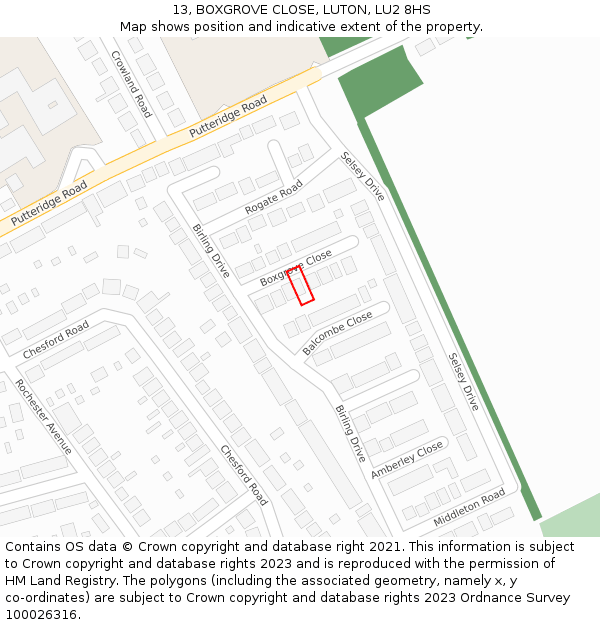 13, BOXGROVE CLOSE, LUTON, LU2 8HS: Location map and indicative extent of plot