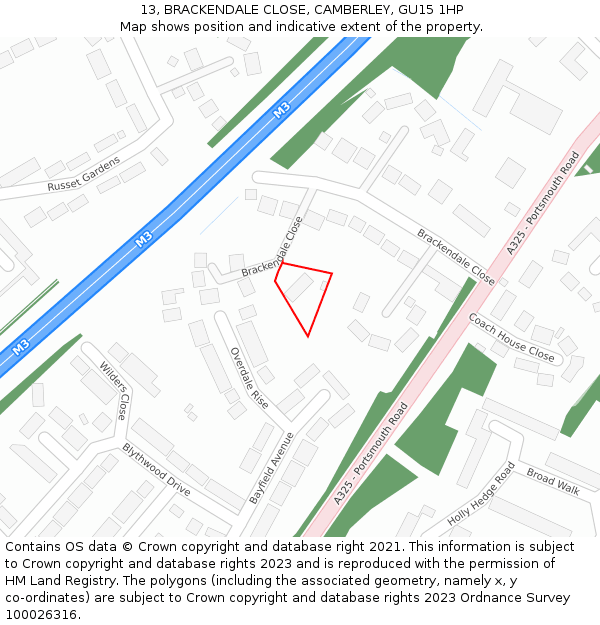 13, BRACKENDALE CLOSE, CAMBERLEY, GU15 1HP: Location map and indicative extent of plot