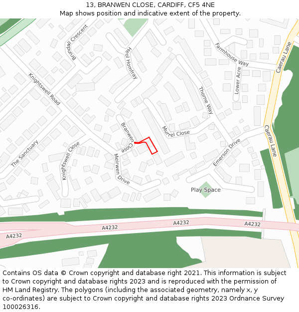 13, BRANWEN CLOSE, CARDIFF, CF5 4NE: Location map and indicative extent of plot