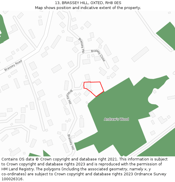 13, BRASSEY HILL, OXTED, RH8 0ES: Location map and indicative extent of plot