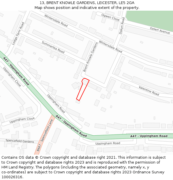 13, BRENT KNOWLE GARDENS, LEICESTER, LE5 2GA: Location map and indicative extent of plot