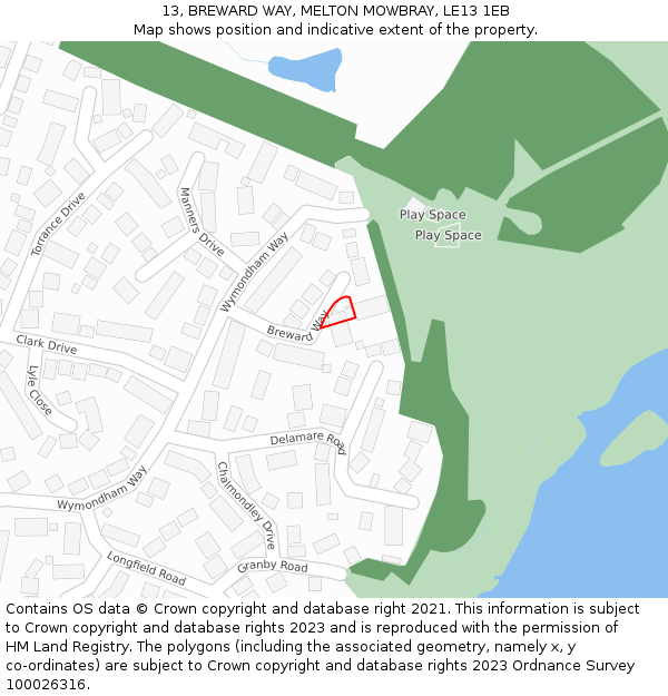 13, BREWARD WAY, MELTON MOWBRAY, LE13 1EB: Location map and indicative extent of plot