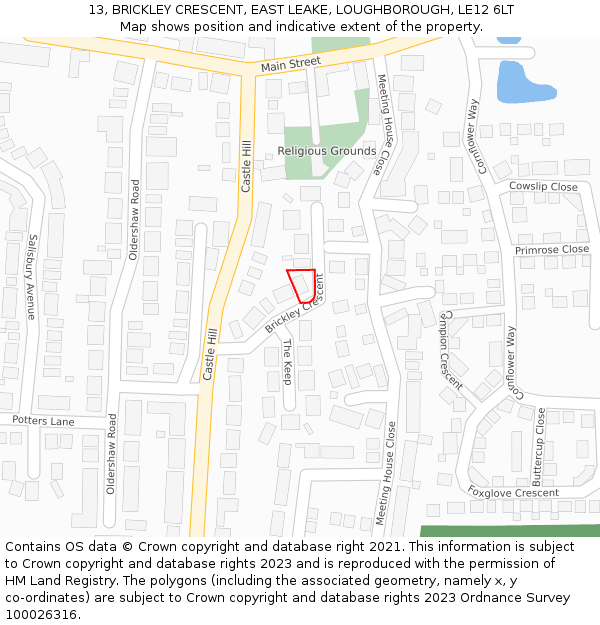 13, BRICKLEY CRESCENT, EAST LEAKE, LOUGHBOROUGH, LE12 6LT: Location map and indicative extent of plot