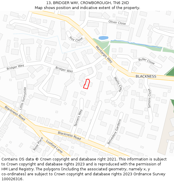 13, BRIDGER WAY, CROWBOROUGH, TN6 2XD: Location map and indicative extent of plot
