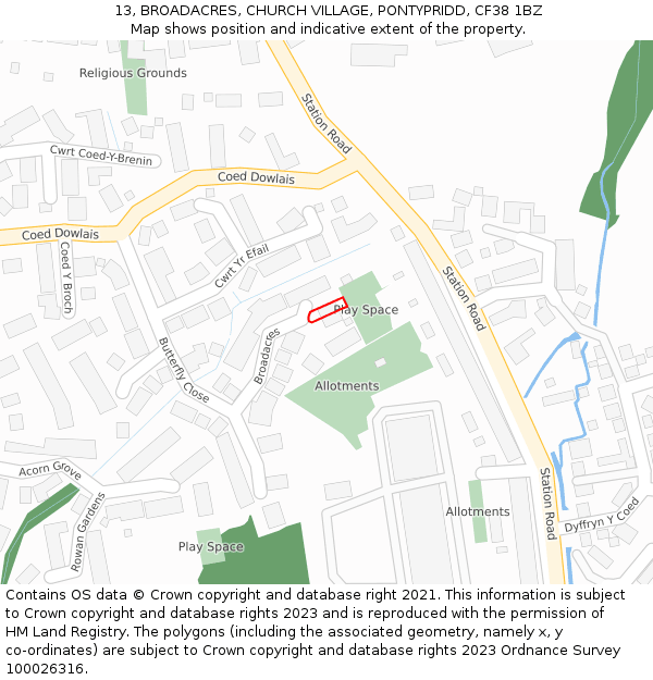 13, BROADACRES, CHURCH VILLAGE, PONTYPRIDD, CF38 1BZ: Location map and indicative extent of plot