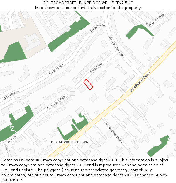 13, BROADCROFT, TUNBRIDGE WELLS, TN2 5UG: Location map and indicative extent of plot