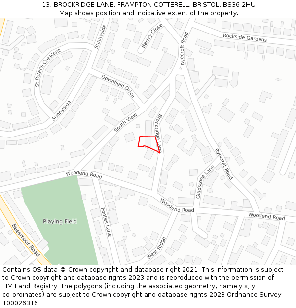 13, BROCKRIDGE LANE, FRAMPTON COTTERELL, BRISTOL, BS36 2HU: Location map and indicative extent of plot