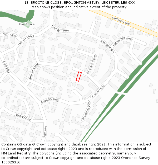 13, BROCTONE CLOSE, BROUGHTON ASTLEY, LEICESTER, LE9 6XX: Location map and indicative extent of plot