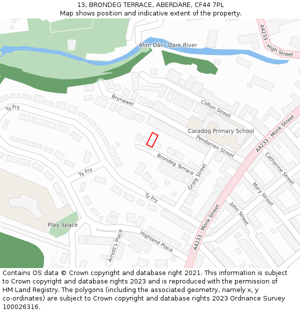 13, BRONDEG TERRACE, ABERDARE, CF44 7PL: Location map and indicative extent of plot