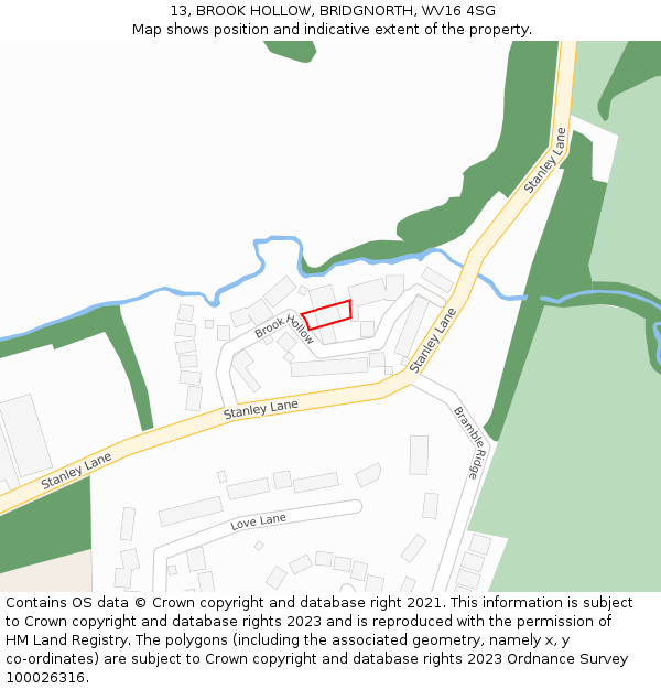 13, BROOK HOLLOW, BRIDGNORTH, WV16 4SG: Location map and indicative extent of plot