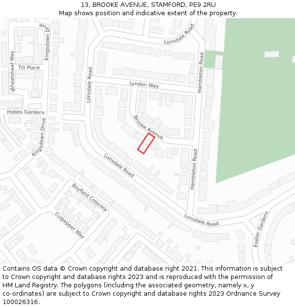 13, BROOKE AVENUE, STAMFORD, PE9 2RU: Location map and indicative extent of plot