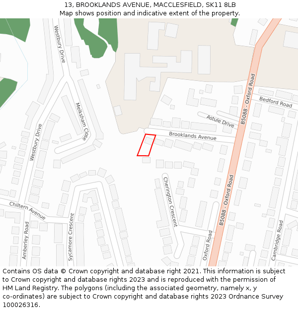 13, BROOKLANDS AVENUE, MACCLESFIELD, SK11 8LB: Location map and indicative extent of plot