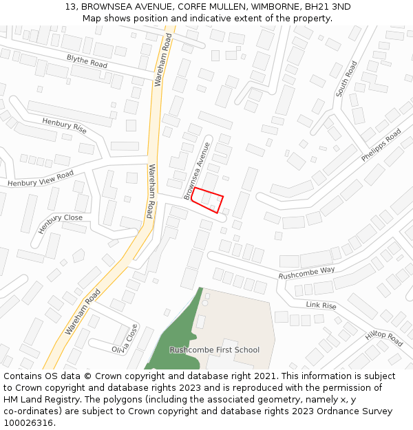 13, BROWNSEA AVENUE, CORFE MULLEN, WIMBORNE, BH21 3ND: Location map and indicative extent of plot