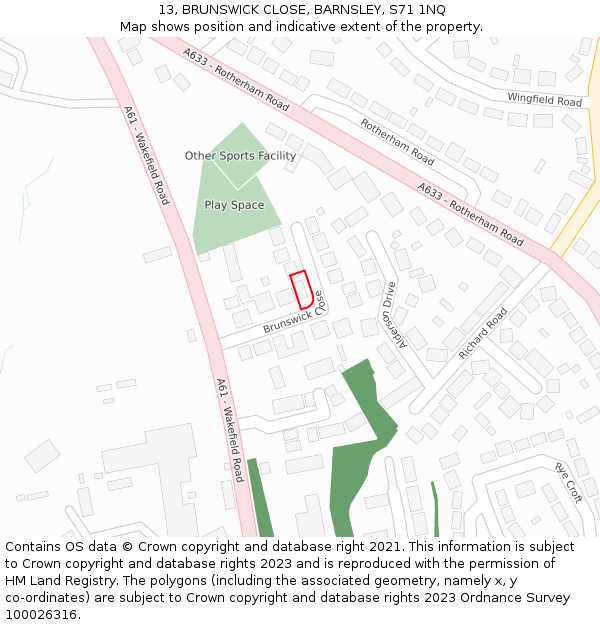 13, BRUNSWICK CLOSE, BARNSLEY, S71 1NQ: Location map and indicative extent of plot