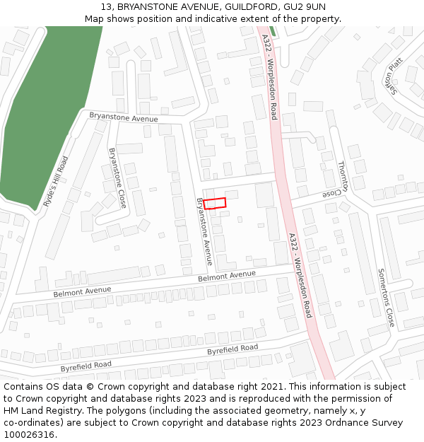 13, BRYANSTONE AVENUE, GUILDFORD, GU2 9UN: Location map and indicative extent of plot