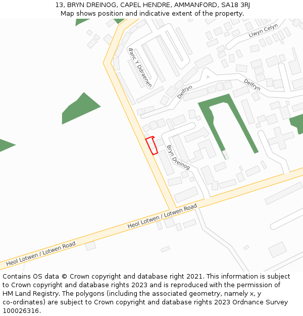 13, BRYN DREINOG, CAPEL HENDRE, AMMANFORD, SA18 3RJ: Location map and indicative extent of plot