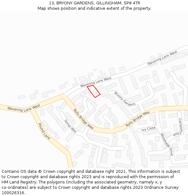 13, BRYONY GARDENS, GILLINGHAM, SP8 4TR: Location map and indicative extent of plot