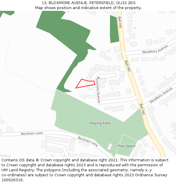 13, BUCKMORE AVENUE, PETERSFIELD, GU32 2EG: Location map and indicative extent of plot