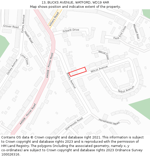 13, BUCKS AVENUE, WATFORD, WD19 4AR: Location map and indicative extent of plot