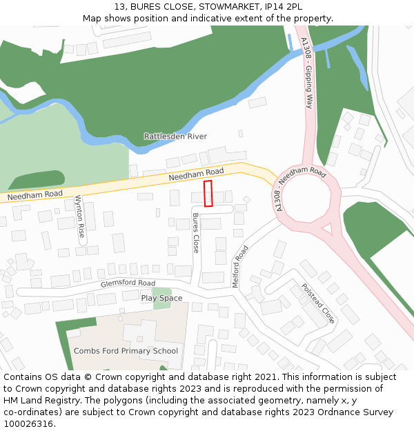 13, BURES CLOSE, STOWMARKET, IP14 2PL: Location map and indicative extent of plot