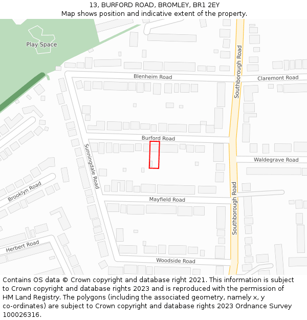 13, BURFORD ROAD, BROMLEY, BR1 2EY: Location map and indicative extent of plot