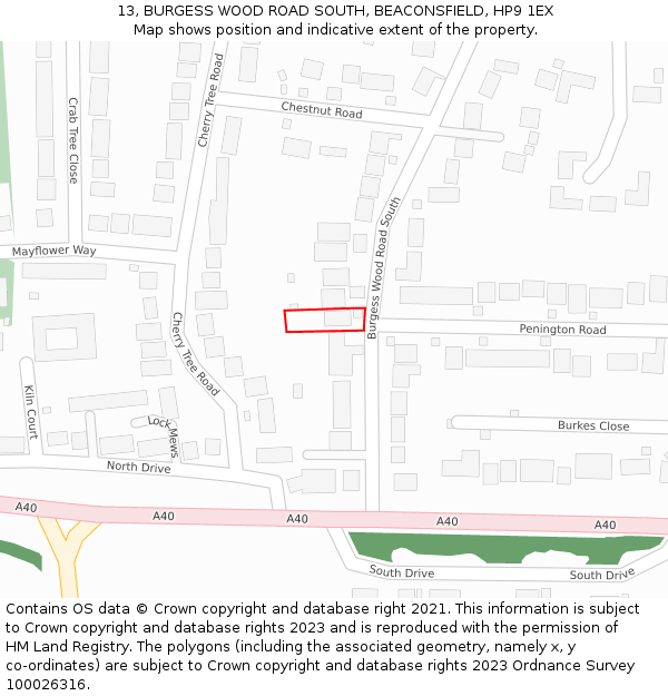 13, BURGESS WOOD ROAD SOUTH, BEACONSFIELD, HP9 1EX: Location map and indicative extent of plot