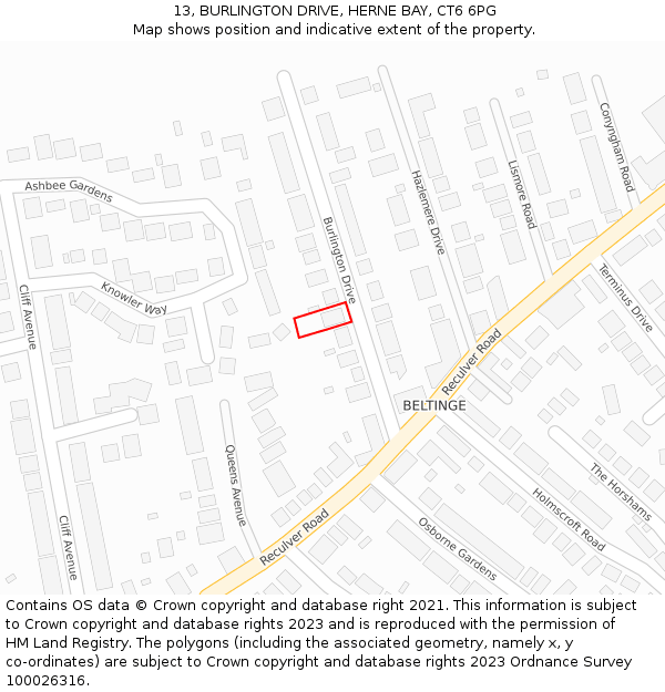 13, BURLINGTON DRIVE, HERNE BAY, CT6 6PG: Location map and indicative extent of plot