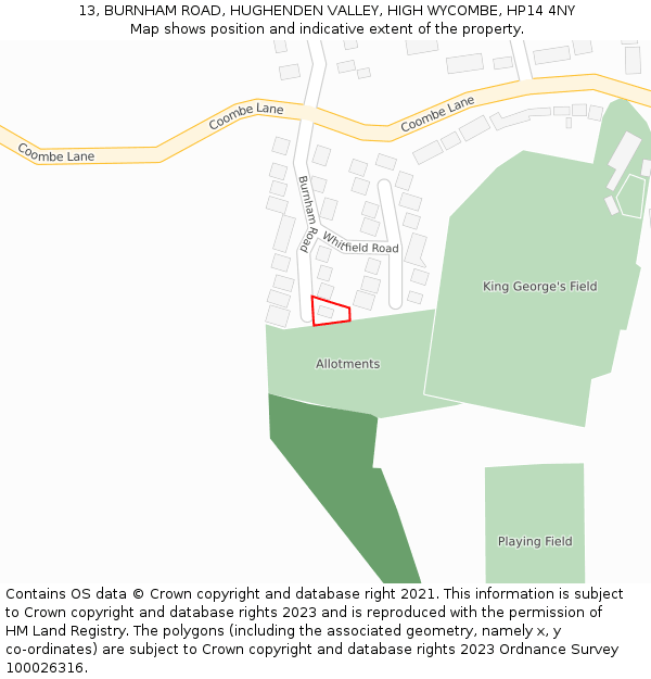 13, BURNHAM ROAD, HUGHENDEN VALLEY, HIGH WYCOMBE, HP14 4NY: Location map and indicative extent of plot