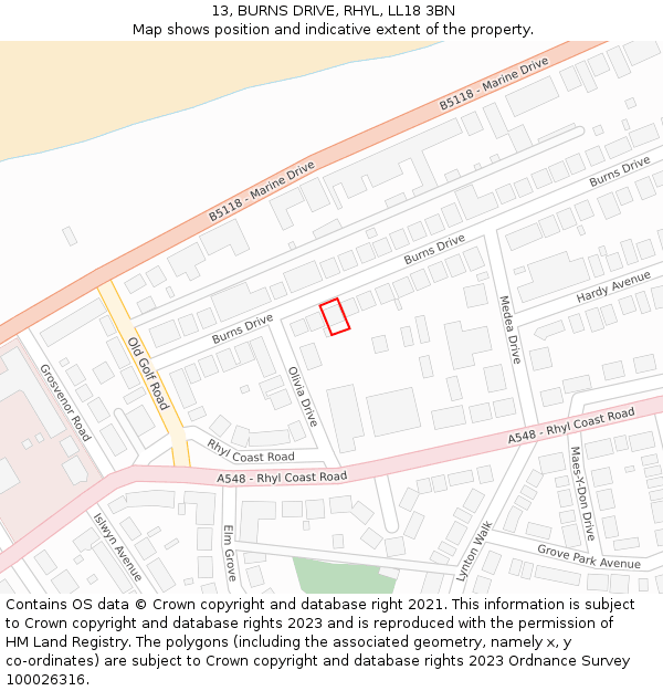 13, BURNS DRIVE, RHYL, LL18 3BN: Location map and indicative extent of plot