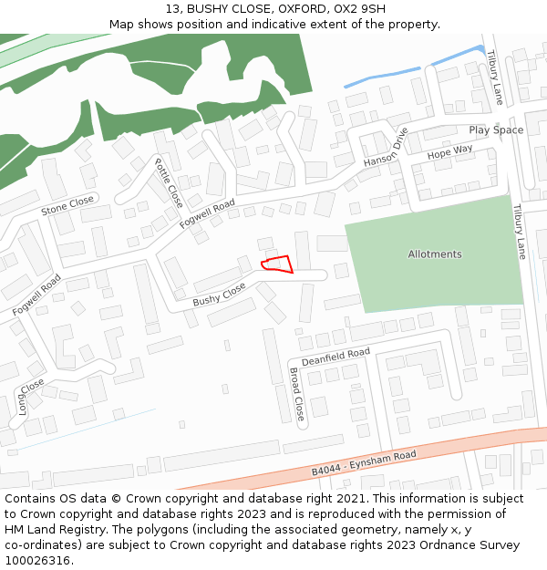 13, BUSHY CLOSE, OXFORD, OX2 9SH: Location map and indicative extent of plot