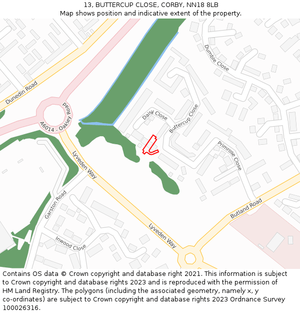 13, BUTTERCUP CLOSE, CORBY, NN18 8LB: Location map and indicative extent of plot