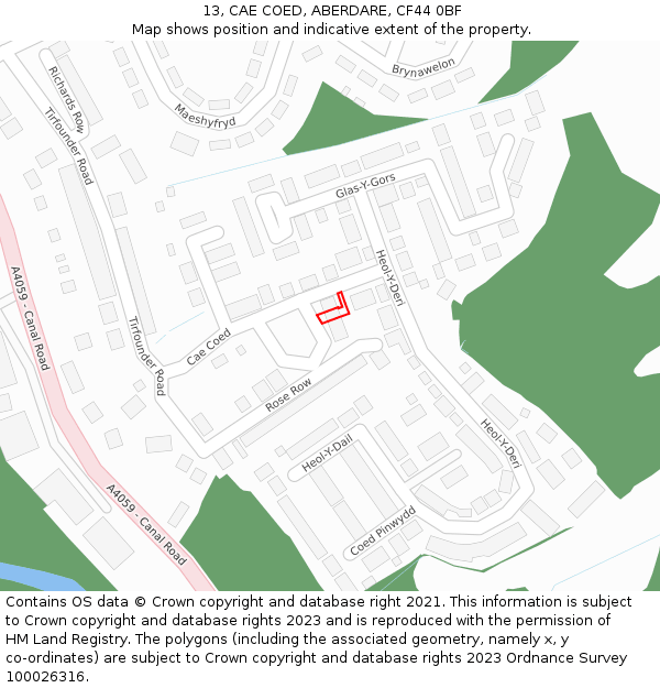 13, CAE COED, ABERDARE, CF44 0BF: Location map and indicative extent of plot