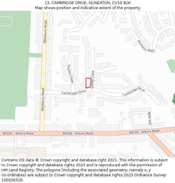 13, CAMBRIDGE DRIVE, NUNEATON, CV10 8LW: Location map and indicative extent of plot