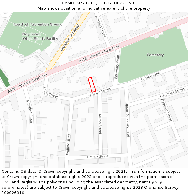13, CAMDEN STREET, DERBY, DE22 3NR: Location map and indicative extent of plot